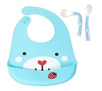 Bavoir Bébé en Silicone, Treer Souple Bavette imperméable Mignon Réglable Salive Serviette pour Bébé Naissance Garçons Filles Protéger les Vêtement Taches (Ours bleu)