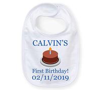 Bavoir personnalisé gâteau d'anniversaire pour bébé avec impression couleur au choix et 3 lignes de texte