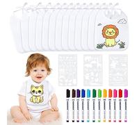 Bavoir pour Bébé Blanc à Peindre,avec 12 Marqueurs Textiles,3 Modèles de Peinture,Bavoirs Bebe Naissance Imperméable, Cadeau pour Décorer Babyshower Party DIY