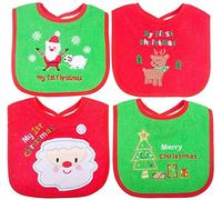 Bavoirs bébé premiers cadeaux de bébé de Noël, bavoir de bébé nouveau-né de bébé de Noël, 4 pièces (rouge/vert)