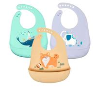 Bavoirs Bébé Silicone Souple Bavette Vert Recuperateur Imperméable Ajustable Enfant Waterproof Bavoir Repas (Vert Gris Orange)