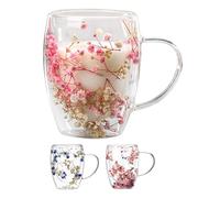 Bavokon Tasses À Café À Double Paroi avec Fleu Séchées - 1/3 Tasse en Verre À Double Paroi | Tasses À Café en Verre À Double Paroi avec Poignée Anti-brûlure pour Boissons Chaudes,Cuisine,Cappuccino