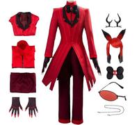 BAWKGDB Costume de Cosplay d'Alastor Hazbin Hotel, uniforme rouge avec lunettes et perruque, ensemble complet pour Halloween (Rouge + perruque, Medium)