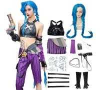BAWKGDB Costume de Cosplay Jinxarcane avec Perruque Bleue Longue, Accessoires, Tatouages, Gants Noirs, Ceinture, Ensemble d'animation Halloween Pour Femme (Violet+perruque, Small)