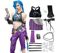 BAWKGDB Costume de Cosplay Jinxarcane avec Perruque Bleue Longue, Accessoires, Tatouages, Gants Noirs, Ceinture, Ensemble d'animation Halloween Pour Femme (Violet, Small)