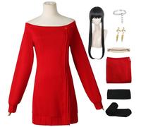 BAWKGDB Costume de Cosplay Yor Forger, Robe Pull Rouge avec Perruque et Boucles d'oreilles, Tenue d'Halloween (Rouge + perruque, X-Large)