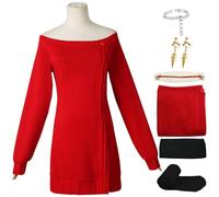 BAWKGDB Costume de Cosplay Yor Forger, Robe Pull Rouge avec Perruque et Boucles d'oreilles, Tenue d'Halloween (Rouge, Large)
