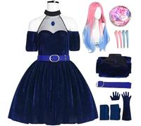 BAWKGDB Mizi Cosplay Alienstage Ensemble Robe Bleu Foncé à épaules dénudées avec Gants Perruque, Ceinture, Chaussettes Costume d'Halloween Pour Adulte (bleu+wig, L)