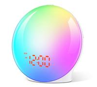 Bawoo Eveil Lumière Lampe Radio Reveil Simulateur d'Aube sur Lampe de Chevet LED 2 Réveils 7 Types de Lumières Couleur,7 Sons Naturels Fonction Snooze,20 Luminosités,Pour Veilleuse Enfant