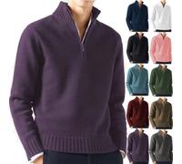 BAWUTZ Pull Col Montant Zippé pour Homme Pull Tricoté Confort pour Homme Pull Hiver 1/4 Zip pour Homme Col en V Loisirs Slim Fit Solid Basic Pull pour Homme (Lila,L)