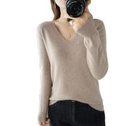 BAWUTZ Pull en Cachemire pour Femme, Pull à col en V, Pull d'automne et d'hiver, Pull tricoté à Manches Longues, Pull en Cachemire 100% Laine pour Femme, Tricot Ample et décontracté (Beige,XXL)