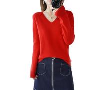 BAWUTZ Pull en Cachemire pour Femme à Col en V - Automne et Hiver, Manches Longues, 100% Laine, Tricoté, Ample et Décontracté (Rot, L)