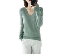 BAWUTZ Pull en Cachemire pour Femme, Pull à col en V, Pull d'automne et d'hiver, Pull tricoté à Manches Longues, Pull en Cachemire 100% Laine pour Femme, Tricot Ample et décontracté (Grün,L)