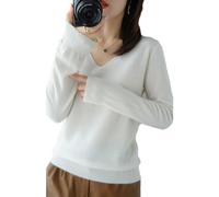 BAWUTZ Pull en Cachemire pour Femme, Pull à col en V, Pull d'automne et d'hiver, Pull tricoté à Manches Longues, Pull en Cachemire 100% Laine pour Femme, Tricot Ample et décontracté (Weiß,M)