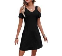 BAWUTZ Robe de soirée Sexy pour Femme, Robe T-Shirt à Volants, col en V, Robe d'été pour Femme à Manches Courtes, col en V, Creuse, épaules dénudées, Manches Courtes pour fête (Schwarz,XL)