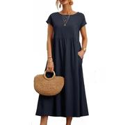 BAWUTZ Robe d'été pour Dames Robes en Lin, Robes de Chemise Robe de Loisirs avec Sacs, Robe de Femmes, vêtements en Lin en Coton, Vintage en Single-coulor Robe d'été (Navy Blau,XL)
