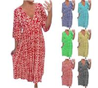 BAWUTZ Robe Florale Demi Manches, Robe d'été Ample, Robe de Plage Boho d'été, Grandes Tailles, Robe décontractée, Robe midi col V, Taille Haute, Robes décontractées (Rot,3XL)