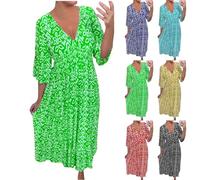 BAWUTZ Robe Florale Demi Manches, Robe d'été Ample, Robe de Plage Boho d'été, Grandes Tailles, Robe décontractée, Robe midi col V, Taille Haute, Robes décontractées (Grün,XXL)