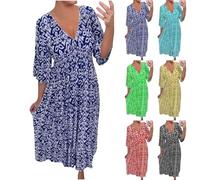 BAWUTZ Robe Florale Demi Manches, Robe d'été Ample, Robe de Plage Boho d'été, Grandes Tailles, Robe décontractée, Robe midi col V, Taille Haute, Robes décontractées (Navy Blau,4XL)