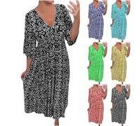 BAWUTZ Robe Florale Demi Manches, Robe d'été Ample, Robe de Plage Boho d'été, Grandes Tailles, Robe décontractée, Robe midi col V, Taille Haute, Robes décontractées (Schwarz,4XL)