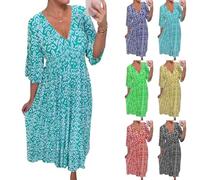 BAWUTZ Robe Florale Demi Manches, Robe d'été Ample, Robe de Plage Boho d'été, Grandes Tailles, Robe décontractée, Robe midi col V, Taille Haute, Robes décontractées (Blau,M)