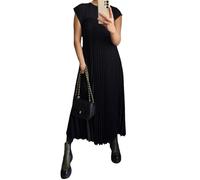 BAWUTZ Robe trapèze décontractée à Manches Courtes et col Rond pour Femme - Robe mi-Longue plissée à Manches Longues - Robe de Plage Longue Fluide à Plusieurs Niveaux avec Poches (Schwarz,XL)