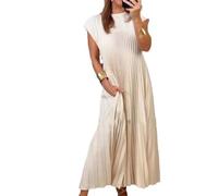 BAWUTZ Robe trapèze décontractée à Manches Courtes et col Rond pour Femme - Robe mi-Longue plissée à Manches Longues - Robe de Plage Longue Fluide à Plusieurs Niveaux avec Poches (Weiß,XL)
