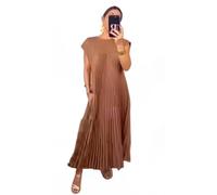 BAWUTZ Robe trapèze décontractée à Manches Courtes et col Rond pour Femme - Robe mi-Longue plissée à Manches Longues - Robe de Plage Longue Fluide à Plusieurs Niveaux avec Poches (Braun,M)