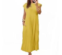 BAWUTZ Robe trapèze décontractée à Manches Courtes et col Rond pour Femme - Robe mi-Longue plissée à Manches Longues - Robe de Plage Longue Fluide à Plusieurs Niveaux avec Poches (Gelb,XL)