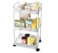 Baxcdyswe Chariot à 3 Niveaux Desserte à roulettes, Blanc Plastique Rangement Chariot de Service avec 4 Crochets pour Cuisine, Salle Bain, Bureau, 38 × 25 × 76 cm Desserte Rangement Multifonctionnel
