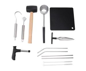 Baxnore Ensemble d'outils d'ouverture de noix de coco en acier inoxydable avec tapis de paille en caoutchouc, kit de 12 pièces pour la maison, le restaurant, les voyages, coquille