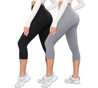 BAYDI VALANDY Creamlush Capri Legging 3/4 pour femme, taille haute, pour yoga, pilates, loisirs, vie quotidienne, noir/gris clair, L-XL