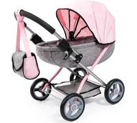 Bayer Design 12733AA Poussette de poupée douillette, pliable, avec sac et couette, moderne, gris denim, rose avec nœud papillon, 46 cm