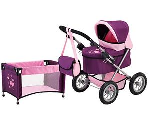 Bayer Design 13057AB Poussette Landau pour poupée Trendy avec lit, Landau réglable, Pliable, Sac à bandoulière, Prune, 67 x 41 x 68 cm