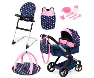 Bayer Design 17016AD Ensemble Poussette pour poupée XEO, poignée réglable, Transformable, Chaise Haute, Sac de Couchage, Tapis d'eveil, Accessoires en Plastique, Bleu, Rose