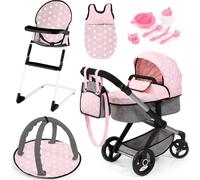 Bayer Design 17030AB Poussette de poupée Xeo, poignée réglable, curseur pivotant, transformable en jogging, sac de couchage, chaise haute, arche de jeu, accessoires pour poupées