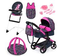 Bayer Design 17080AB Ensemble Poussette pour poupée XEO, poignée réglable, Transformable, Chaise Haute, Sac de Couchage, Tapis d'eveil, Accessoires en Plastique, Noir, Rose