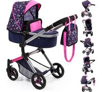 Bayer Design 18417AA Poussette de poupée combinée Neo Vario avec sac, transformable en jogger, poignée réglable, panier intégré, bleu avec cœurs