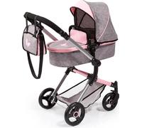 Bayer Design 18433AA, poussette de poupée Neo Vario avec sac à langer et panier à provisions, transformable en landau, réglable en hauteur, look denim gris, rose, nœud papillon, 52 cm