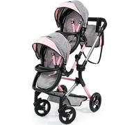 Bayer Design 26233AA Poussette de poupée jumelle Twin Neo avec sac, poignée réglable, roues avant pivotantes, panier intégré, grise, rose