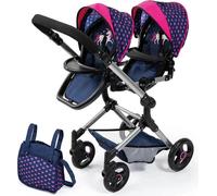 Bayer Design 26254AA Twin doll stroller, poussette pour poupées, réglable en hauteur, pliable, panier à provisions intégré, compatible avec EasyGo, bleu avec licorne et cœurs, 46 cm