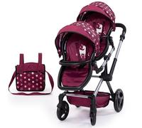 Bayer Design 26723AA Landau Jumeaux pour Poupée Twin Xeo, Poussette Double, réglable, Panier intégré avec Sac à bandoulière, Bordeaux, Rose, étoiles