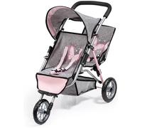 Bayer Design 39133AA Landau Jumeaux pour poupée, Poussette Tandem Double Jouet, Jean Look Gris, Rose, Papillon