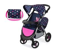 Bayer Design 39416AA Landau Jumeaux pour poupée, Poussette Double, réglable, Panier intégré, Sac à bandoulière, Bleu, Rose, Étoiles