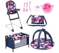 Bayer Design 61769AB Ensemble 9 en 1 pour des poupées avec une chaise haute, un sac, une assiette avec couverts et gobelet, un tapis d'éveil, un lit de voyage, accessoires poupon, bleu rose étoiles