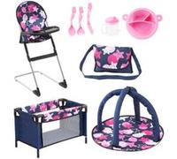 Bayer Design 61769AB Ensemble 9 en 1 pour des poupées avec une chaise haute, un sac, une assiette avec couverts et gobelet, un tapis d'éveil, un lit de voyage, accessoires poupon, bleu rose étoiles