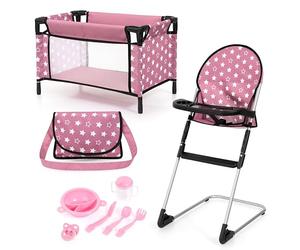 Bayer Design 61776AB Chaise Haute pour poupée, lit Poupon, Sac à bandoulière, Accessoires Plastiques, Coffret de Jeu, pour Les Enfants à partir de 3 Ans