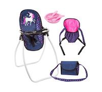 Bayer Design 63654AB Vario Set 9 en 1 avec une poche, un porte-outil, une assiette avec couvert, une chaise haute, accessoires pour poupée, bleu rose licorne