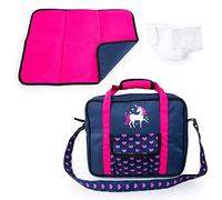 Bayer Design 69254AC Sac à Langer pour Poupon, Accessoires pour poupée, avec Matelas à Langer, Couche, Moderne Bleu/Rose avec des Cœurs et une Licorne