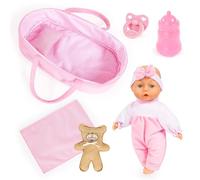 Bayer Design 92866AR Poupée bébé 28 cm, Corp Souple, couffin Poupon, Ours en Peluche, tétine, biberon, Coussin, Couverture